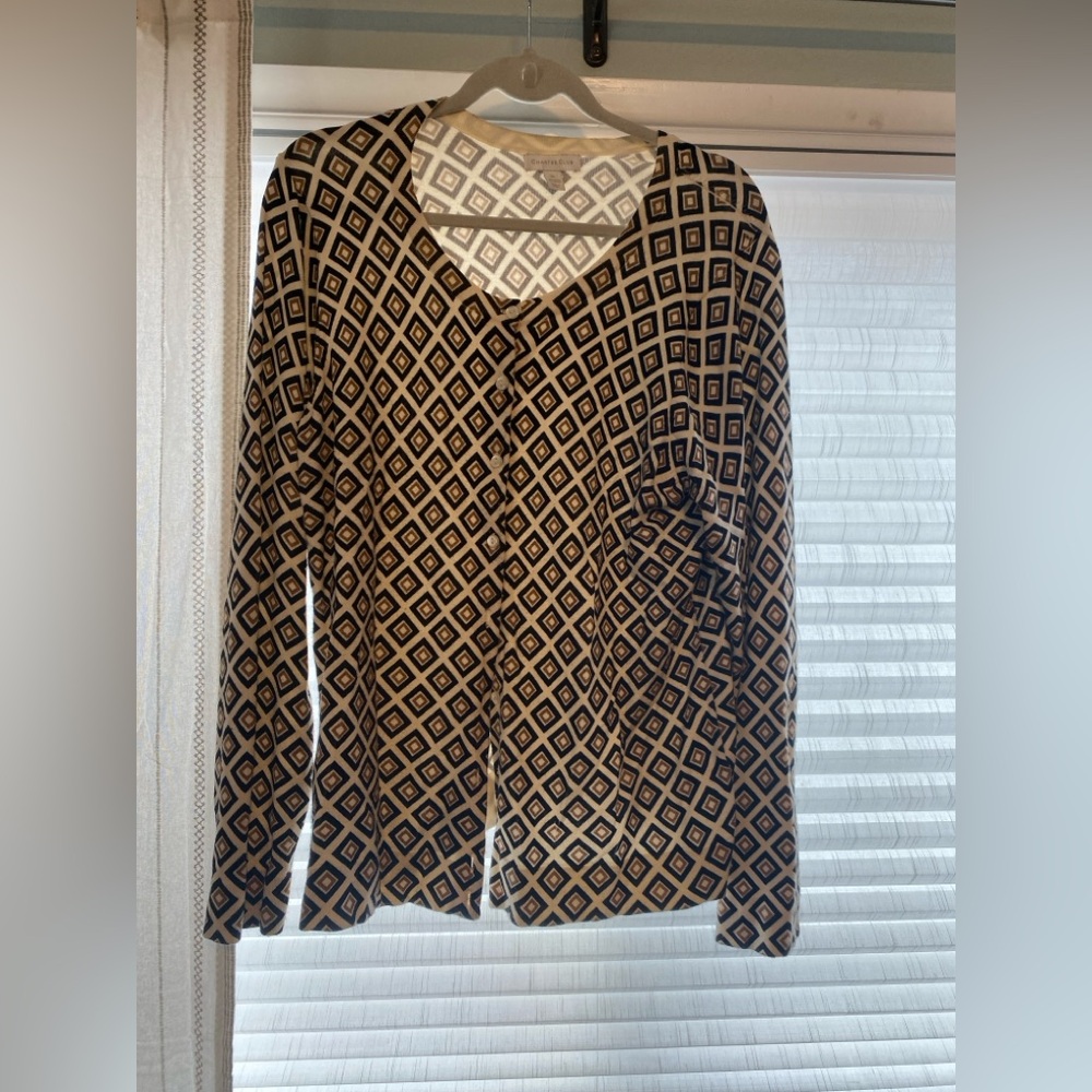 Cardigan  button down black brown white geometric pattern